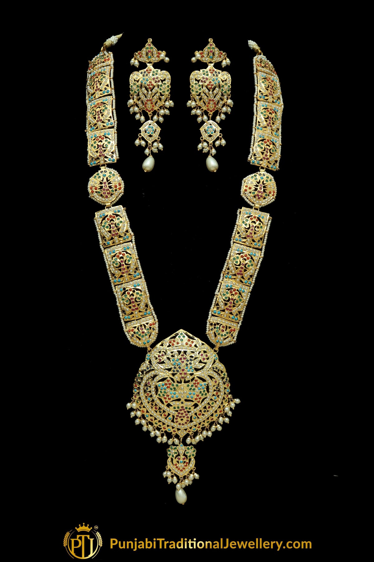 Gold Finished Navratan Jadau Choker & Long Necklace & Earrings | Punjabi Traditional Jewellery Exclusive