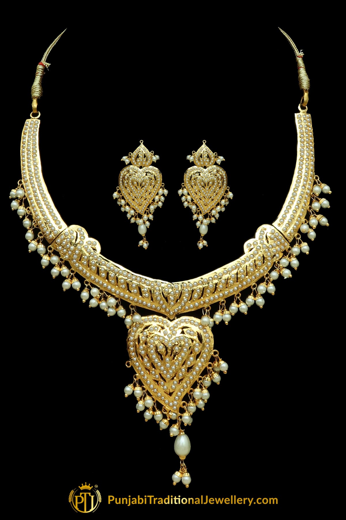 Golden Jadau Pearl Necklace Set By Punjabi Traditional Jewellery