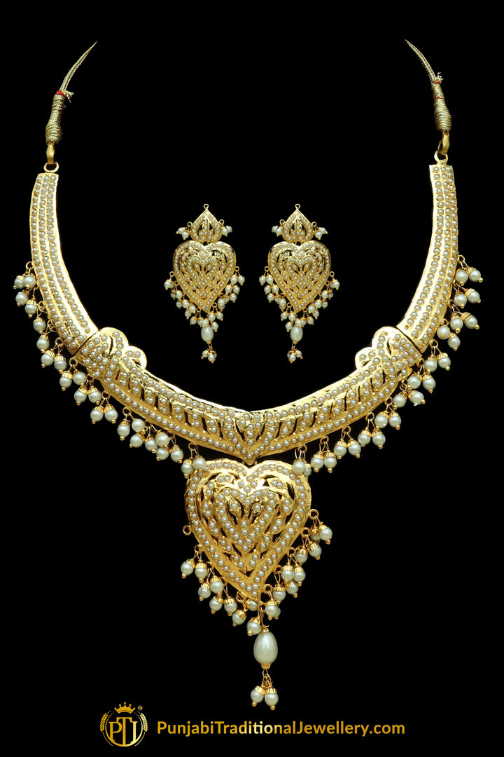 Golden Jadau Pearl Necklace Set By Punjabi Traditional Jewellery