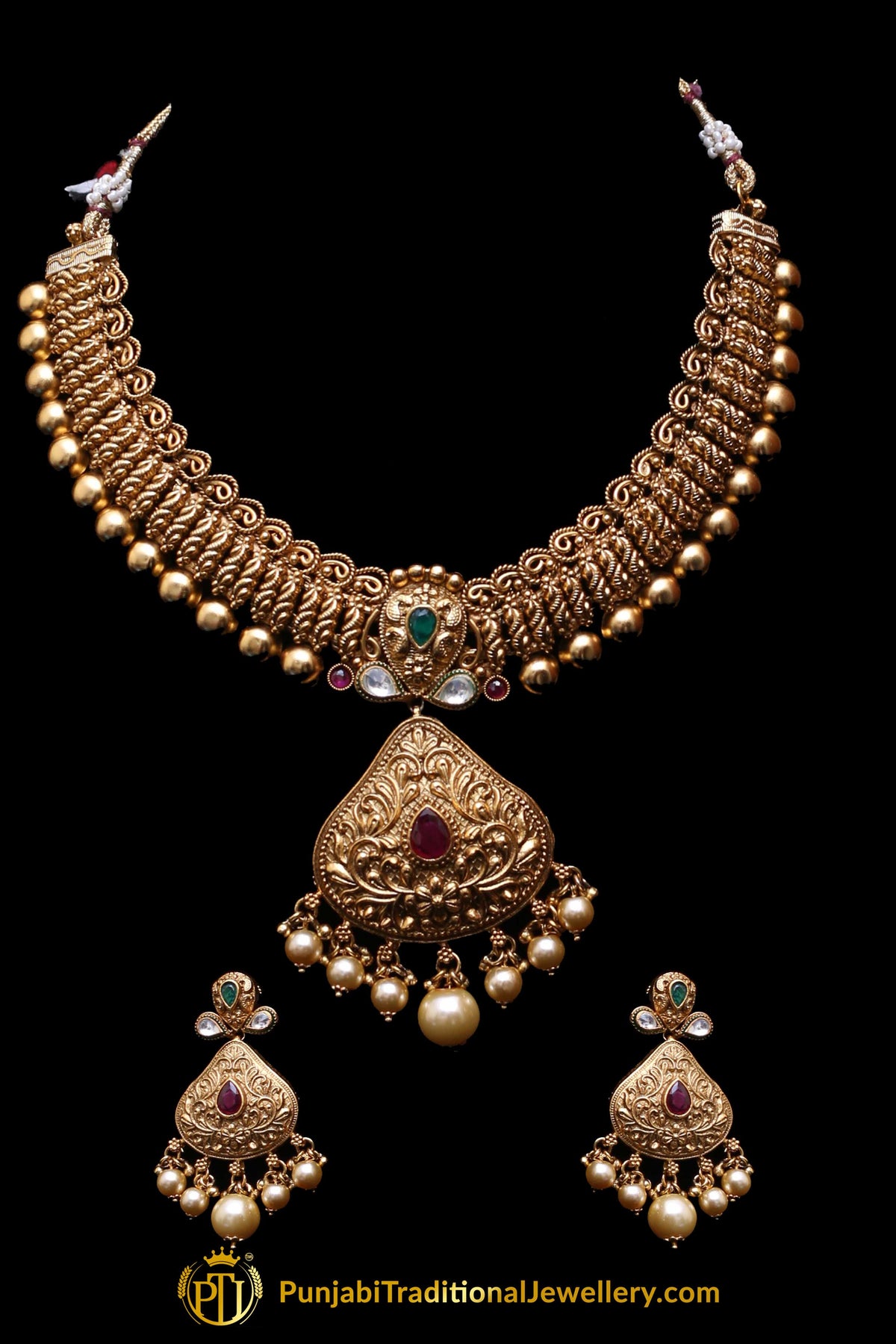 Red Green Antique Gold Necklace Set By Punjabi Traditional Jewellery