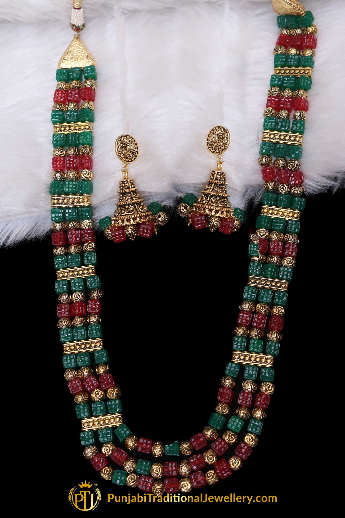 Red Green Mala Necklace Set By Punjabi Traditional Jewellery