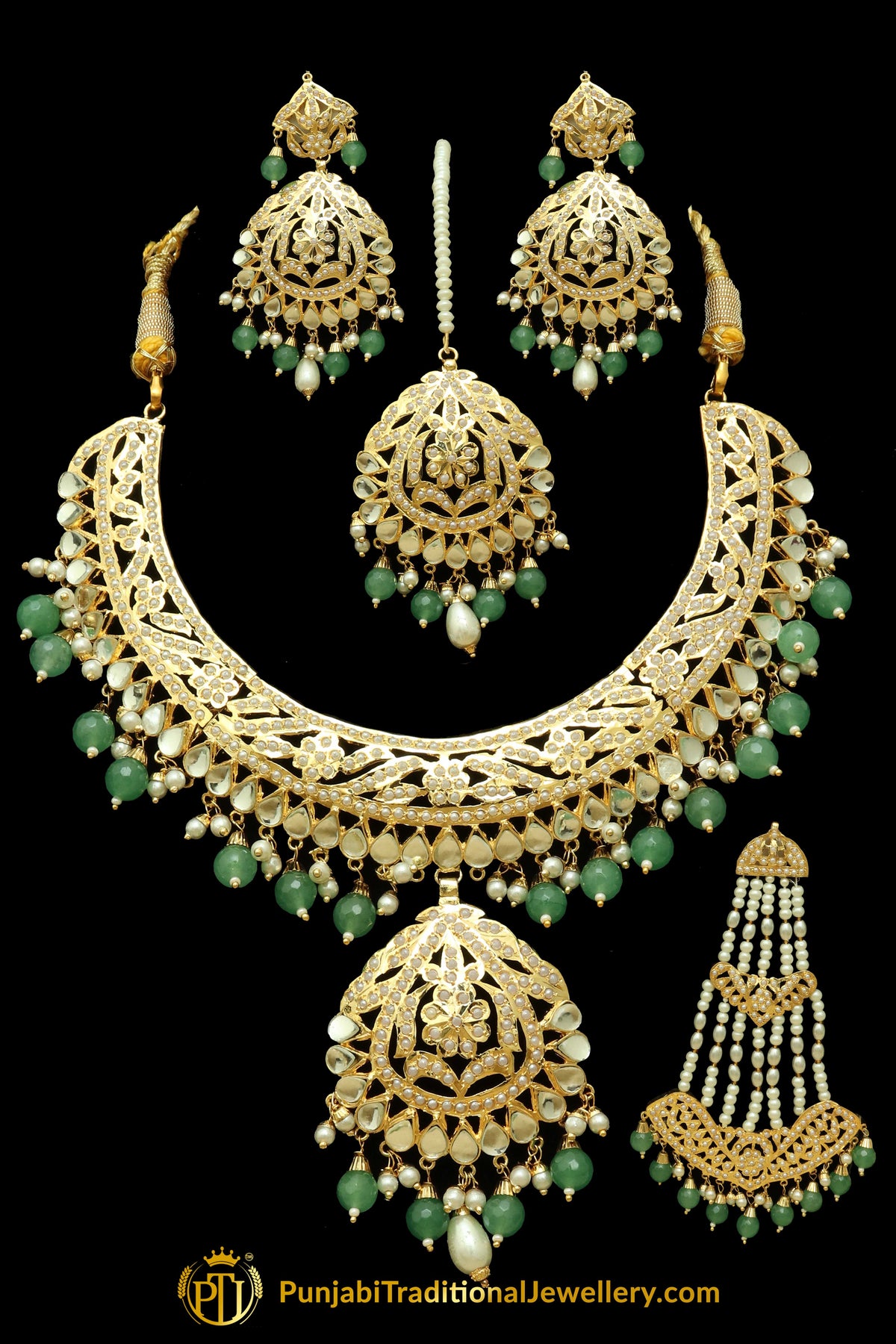 Green Jadau Kundan Necklace Set With Passa By Punjabi Traditional Jewellery
