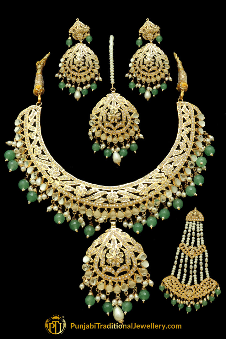 Green Jadau Kundan Necklace Set With Passa By Punjabi Traditional Jewellery