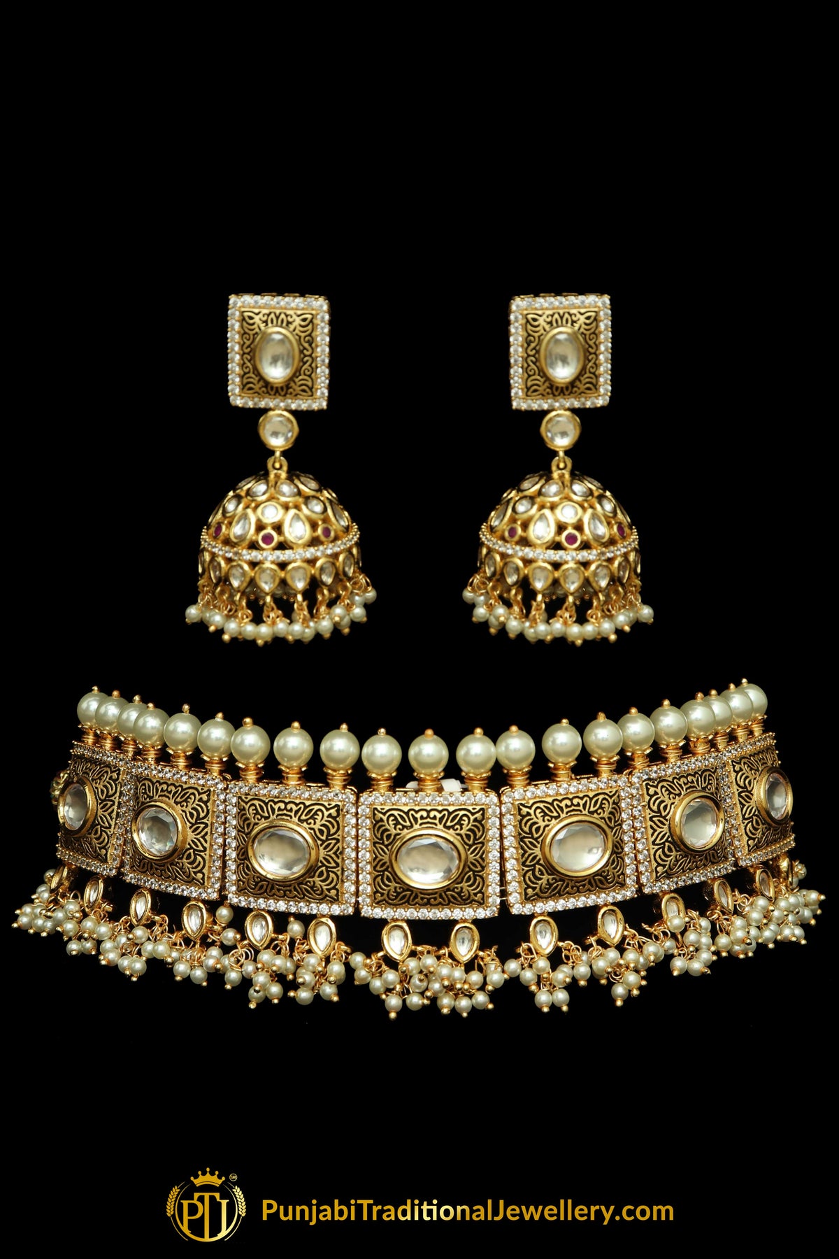 Golden Kundan hand Meena Painted Meena Choker Necklace Set Punjabi Traditional Jewellery