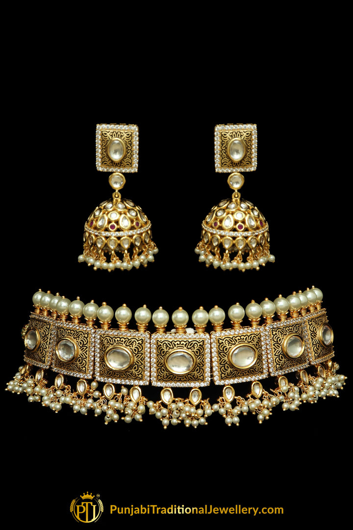 Golden Kundan hand Meena Painted Meena Choker Necklace Set Punjabi Traditional Jewellery