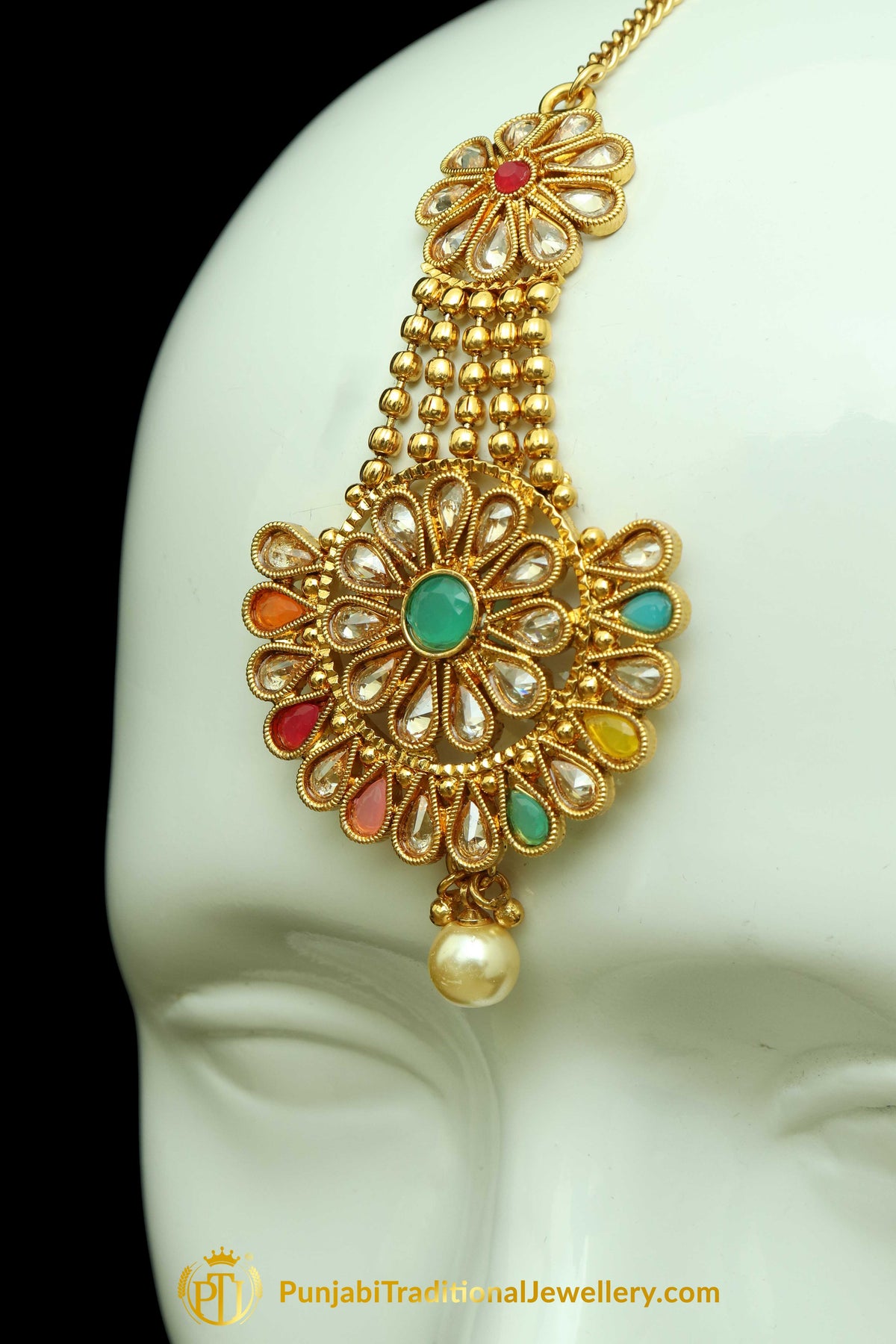 Multi Polki Pearl Earrings Tikka Set By Punjabi Traditional Jewellery