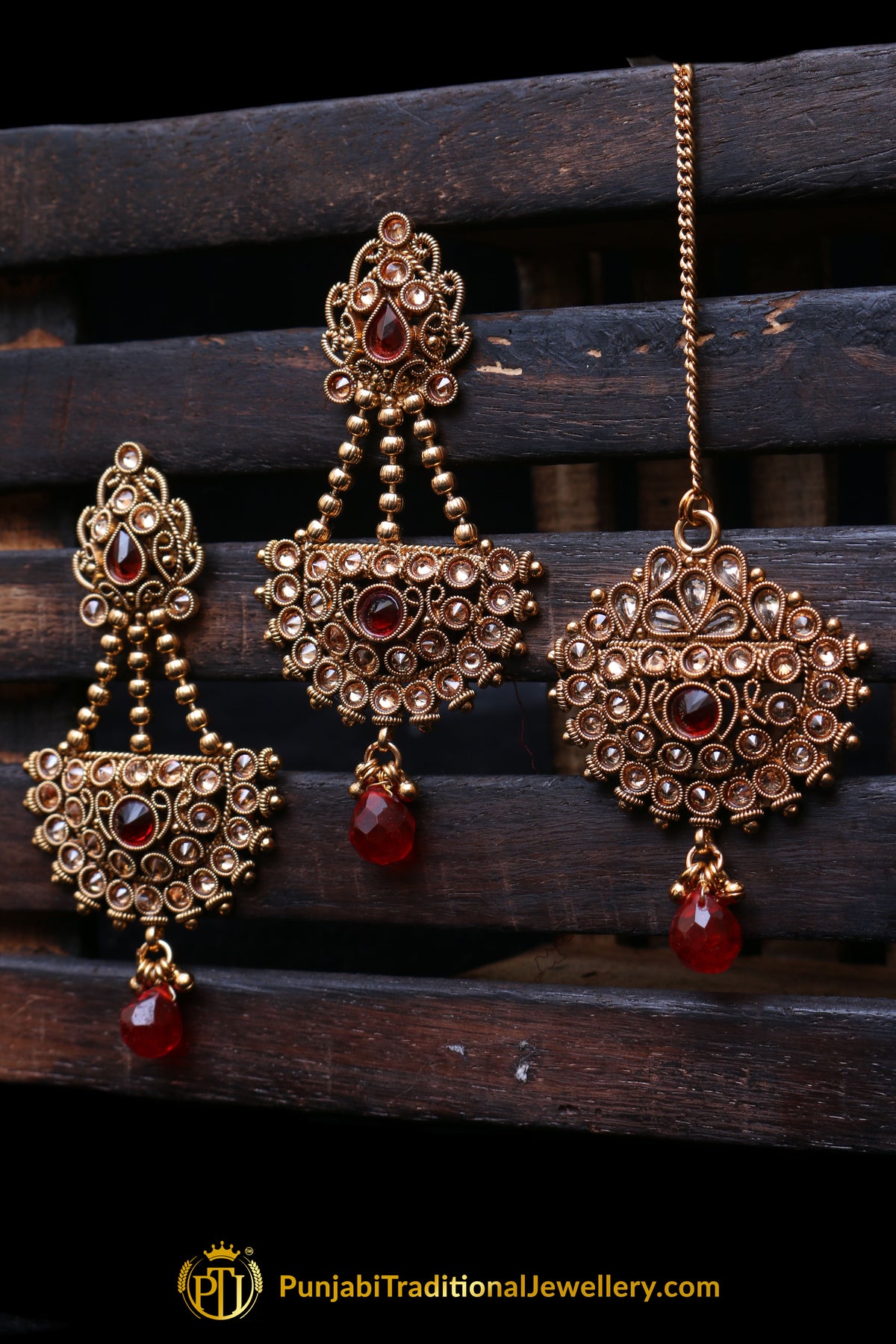 Red Champagne Stone Earring Tikka Set By Punjabi Traditional Jewellery