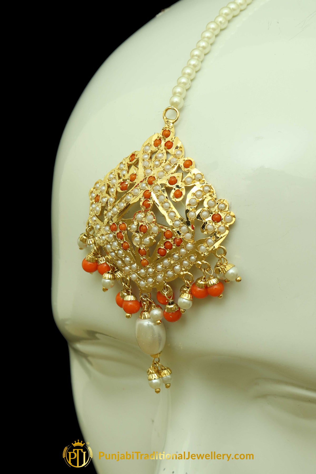 Gold Finished Oragne Jadau Earring Tikka Set By Punjabi Traditional Jewellery