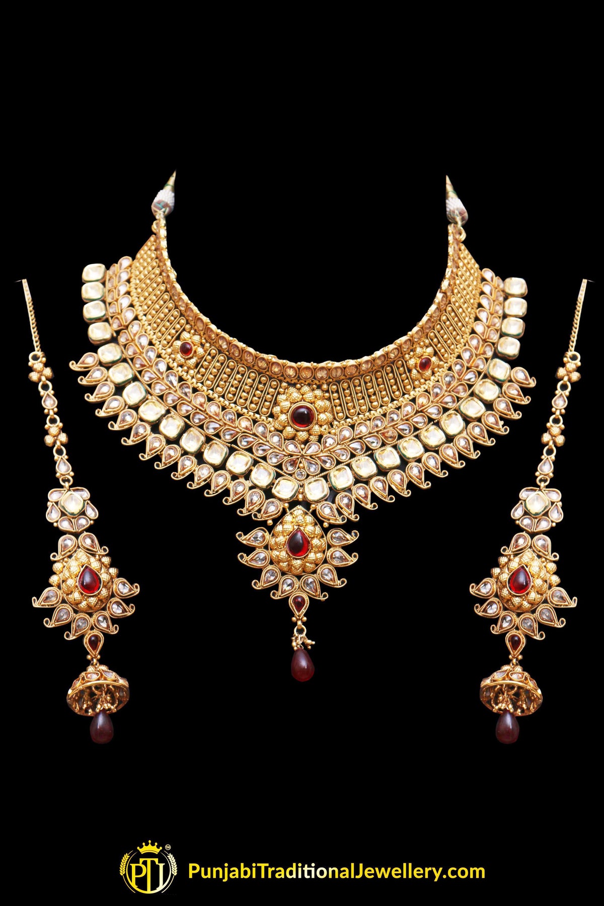 Antique Gold Red Polki Choker Necklace Set By Punjabi Traditional Jewellery