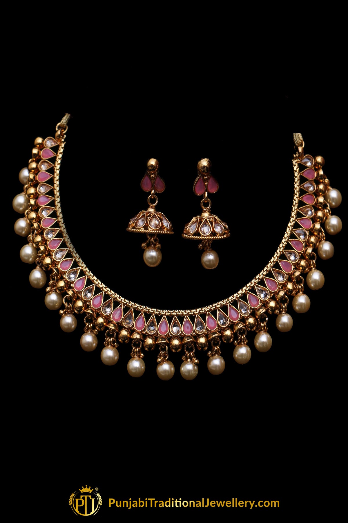 Pink Polki Pearl Necklace Set By Punjabi Taditional Jewellery