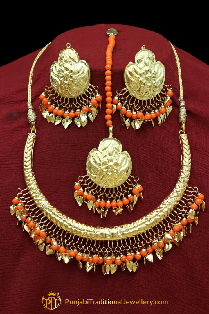 Haneefah Gold Finished Orange Pippal Patti Hasli Necklace, Tikka & Earrings | Punjabi Traditional Jewellery Exclusive