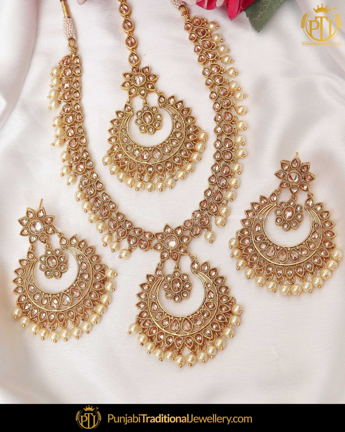 Gold Finished Champagne Stone Pearl Long Necklace Set | Punjabi Traditional Jewellery Exclusive
