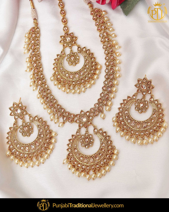 Gold Finished Champagne Stone Pearl Long Necklace Set | Punjabi Traditional Jewellery Exclusive