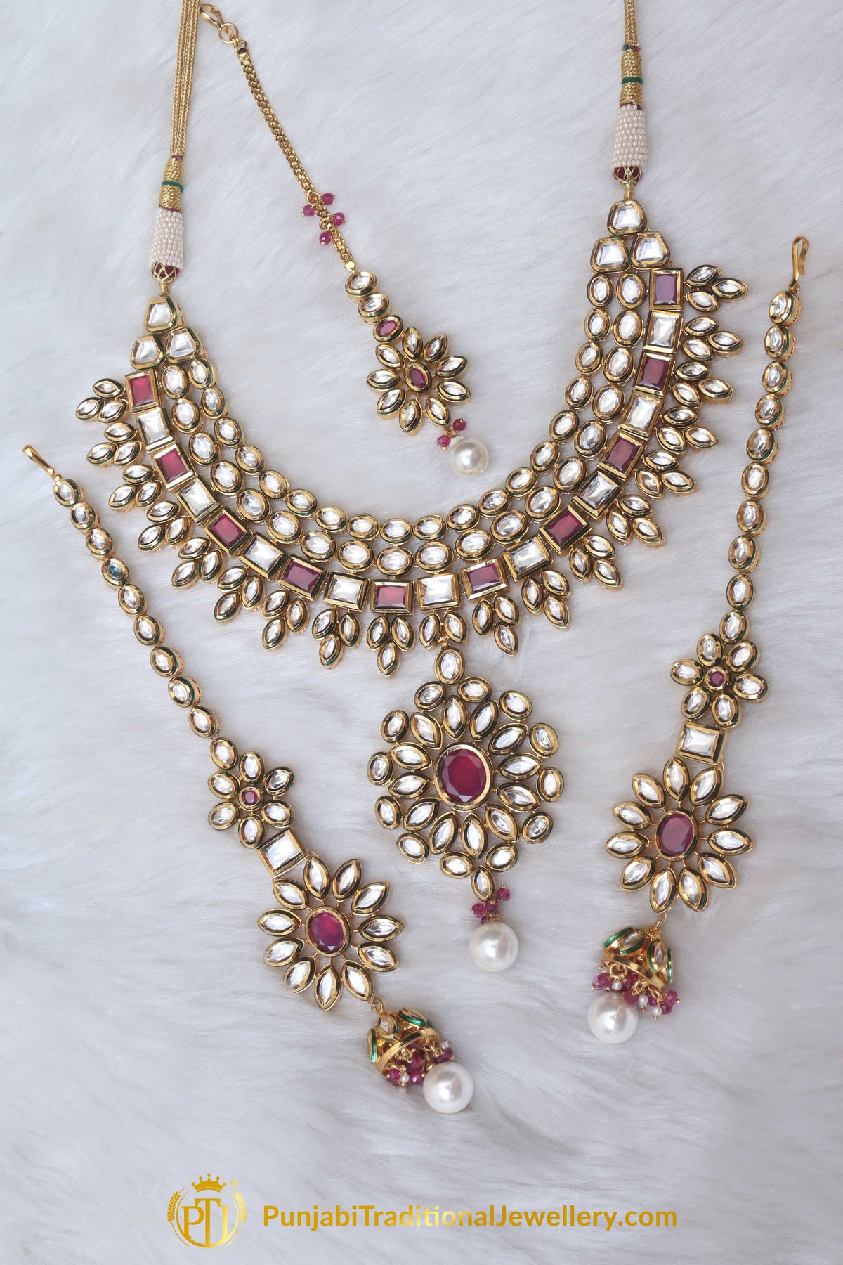 Kundan Necklace Set With Sahare Earrings Red Color By Punjabi Traditional Jewellery
