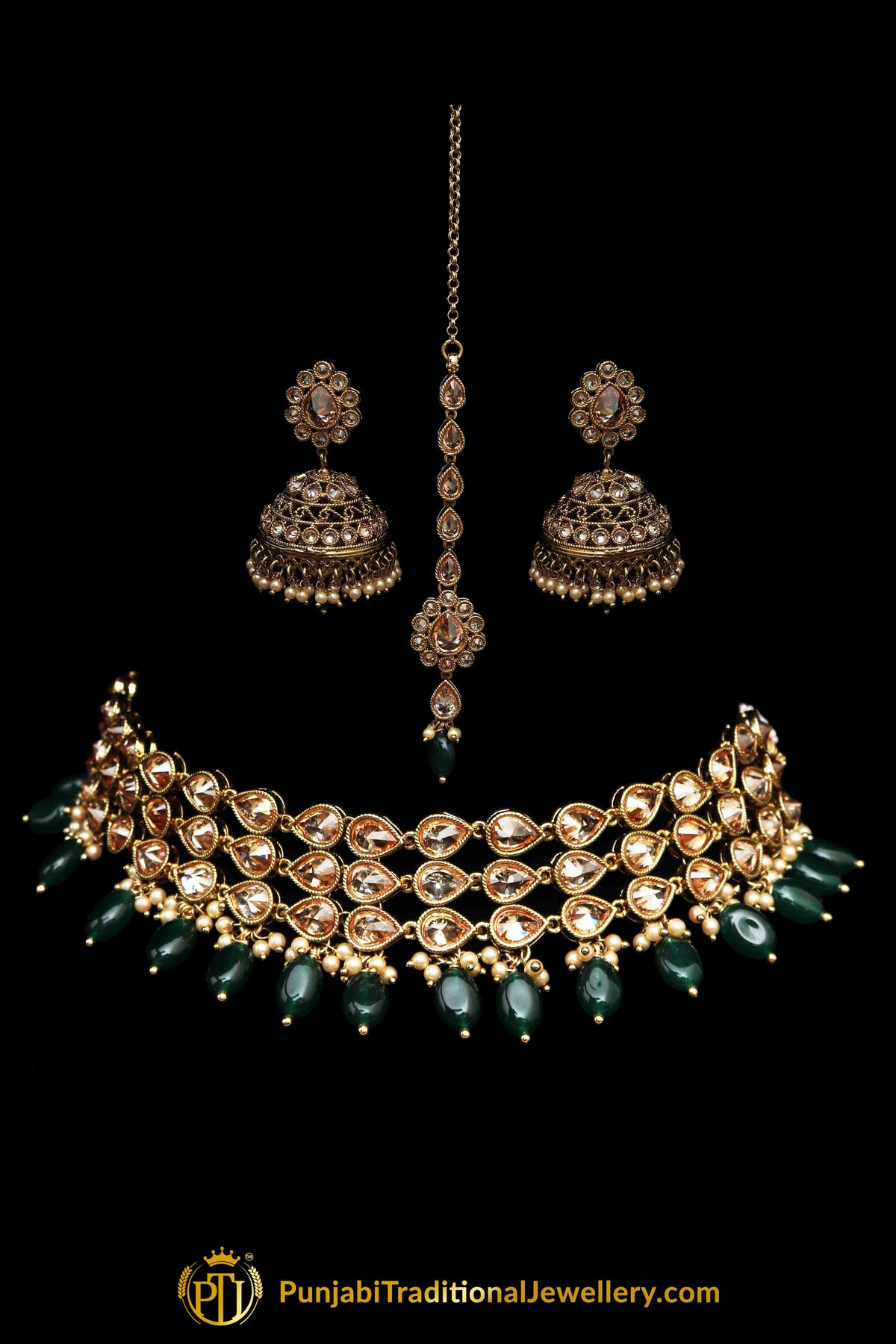 Green Champagne Stone Choker Necklace Set By Punjabi Traditional Jewellery