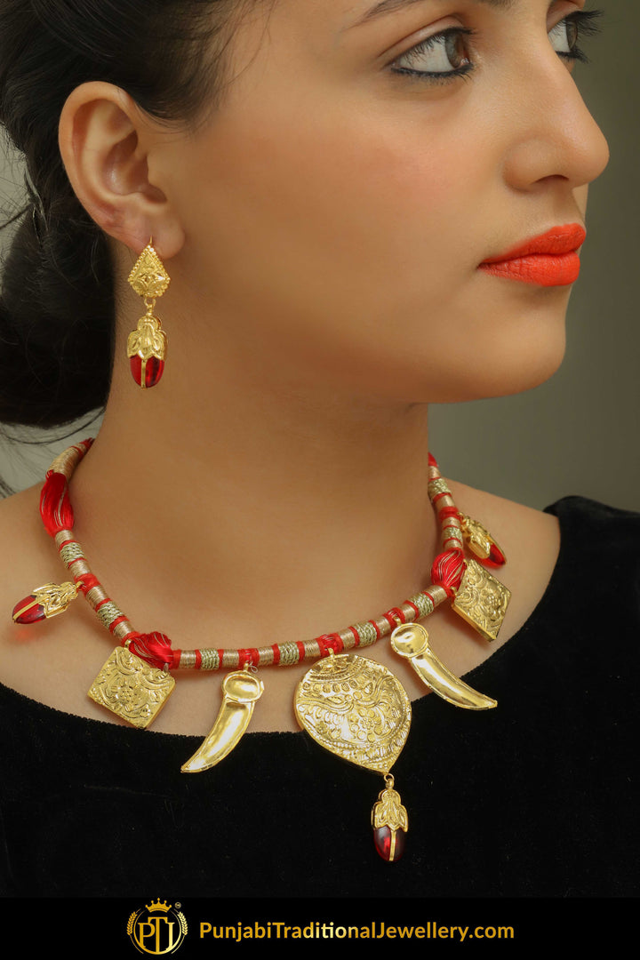 Inaaya Sing Tavit Rubby Daakh Necklace, Tikka & Earrings | Punjabi Giddha Jewellery | Punjabi Traditional Jewellery Exclusive
