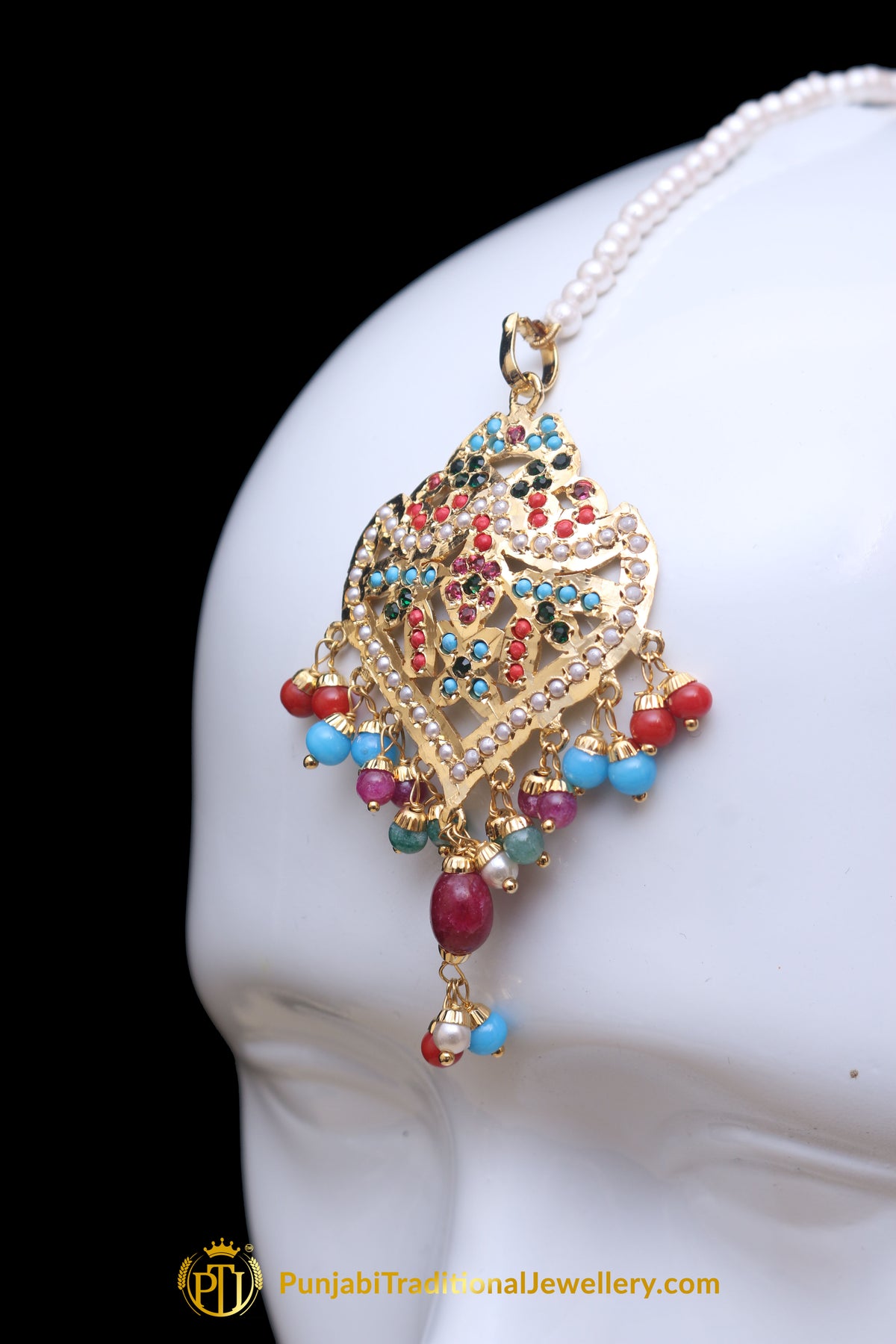 Multi Jadau Pearl Earring Tikka Set By Punjabi Traditional Jewellery
