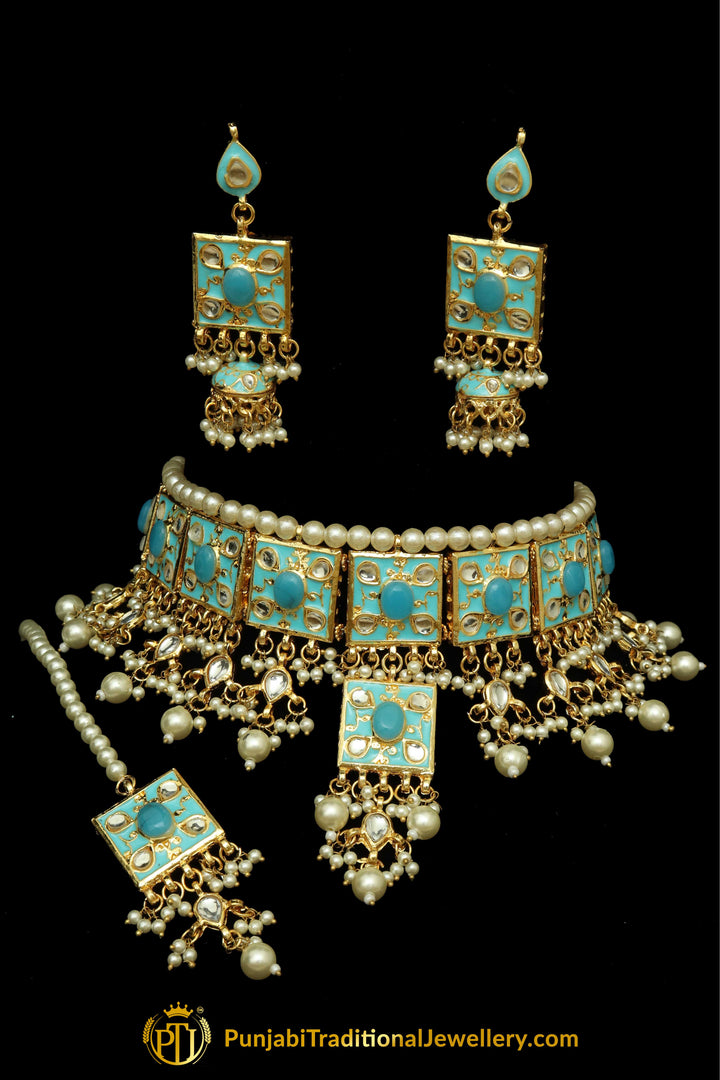 Firozi Meena Kundan Pearl Choker Necklace Set By Punjabi Traditional Jewellery