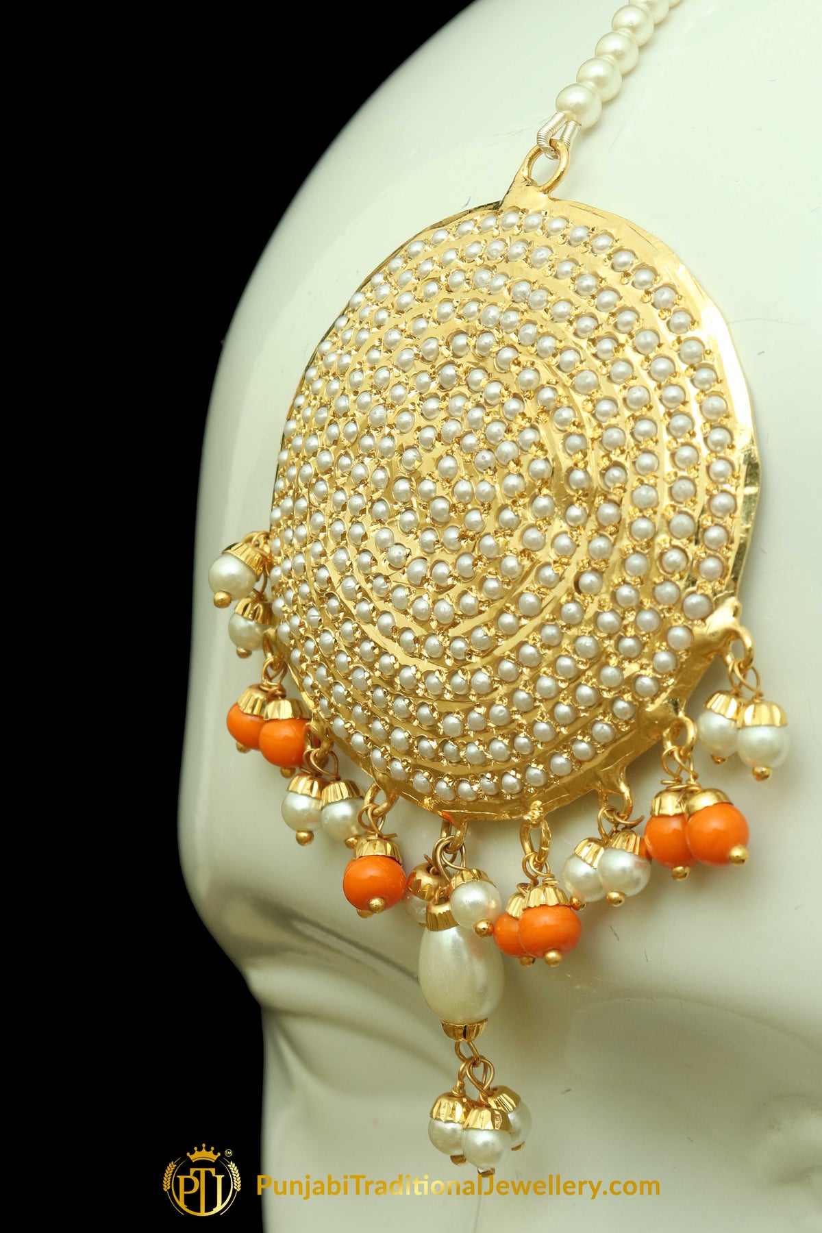 Orange Jadau Pearl Jhumar Earrings & Tikka Set By Punjabi Traditional Jewellery