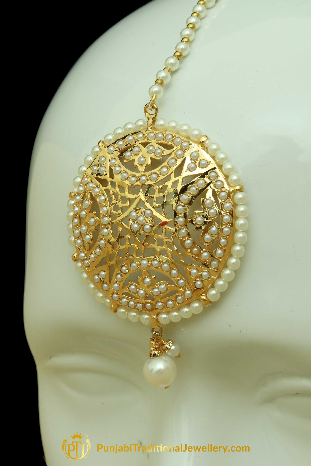 Golden Jadau Pearl Earring Tikka Set By Punjabi Traditional Jewellery