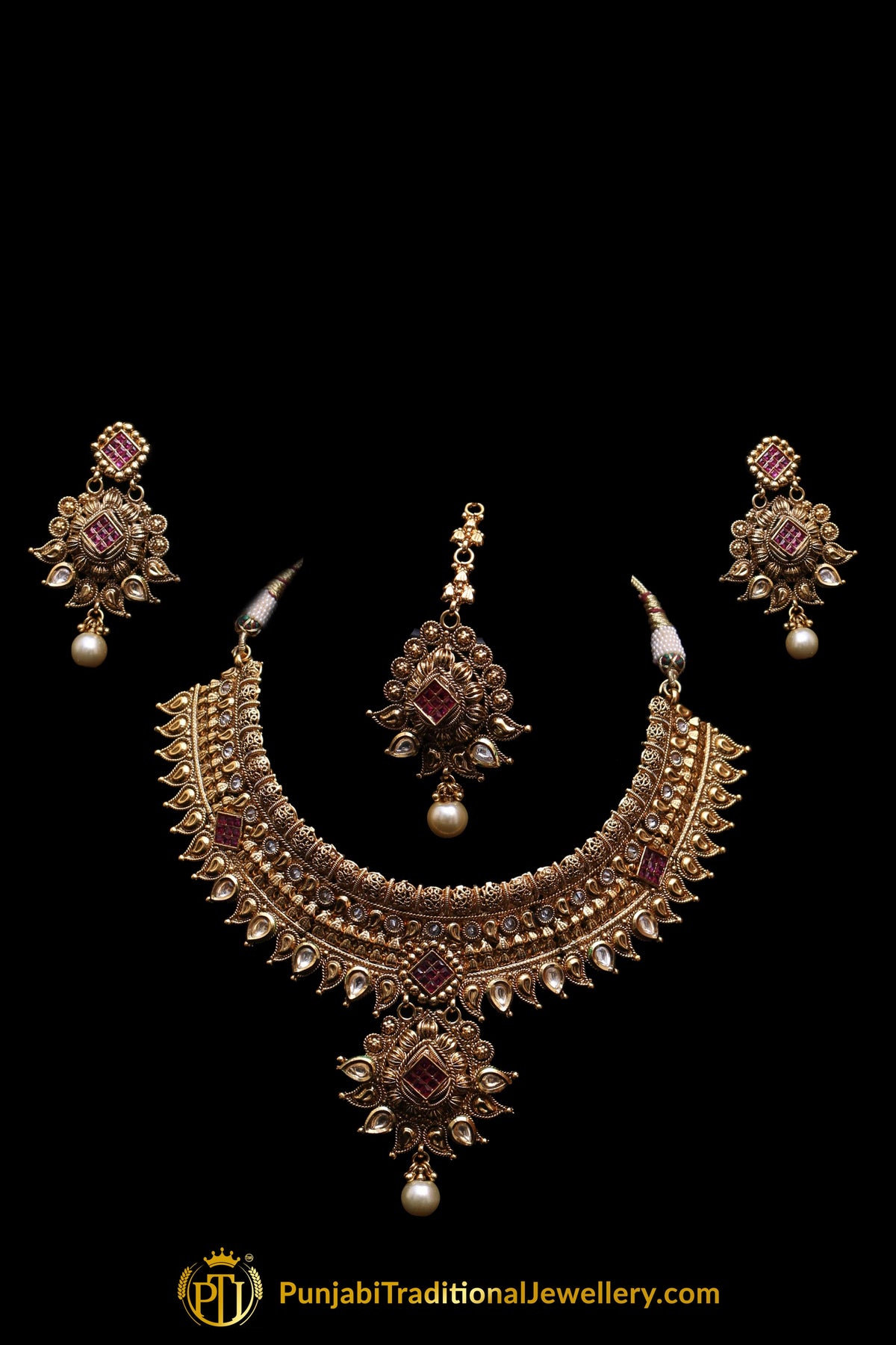 Red Antique Gold Choker Necklace Set By Punjabi Traditional Jewellery