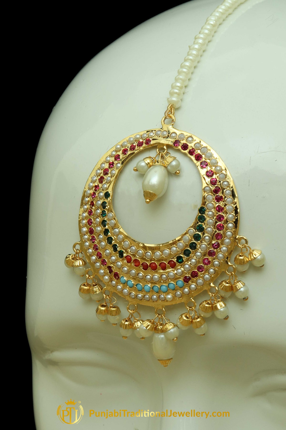 Multi Jadau Pearl Earring Tikka Set By Punjabi Traditional Jewellery