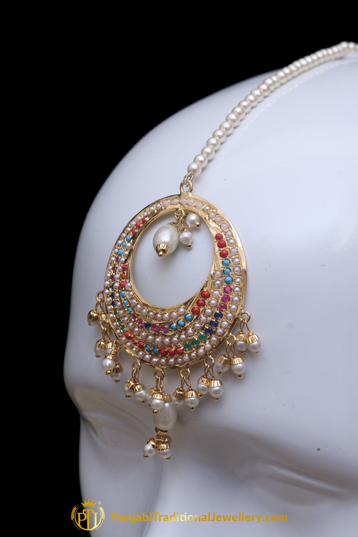 Multi Jadau Pearl Earring Tikka Set By Punjabi Traditional Jewellery