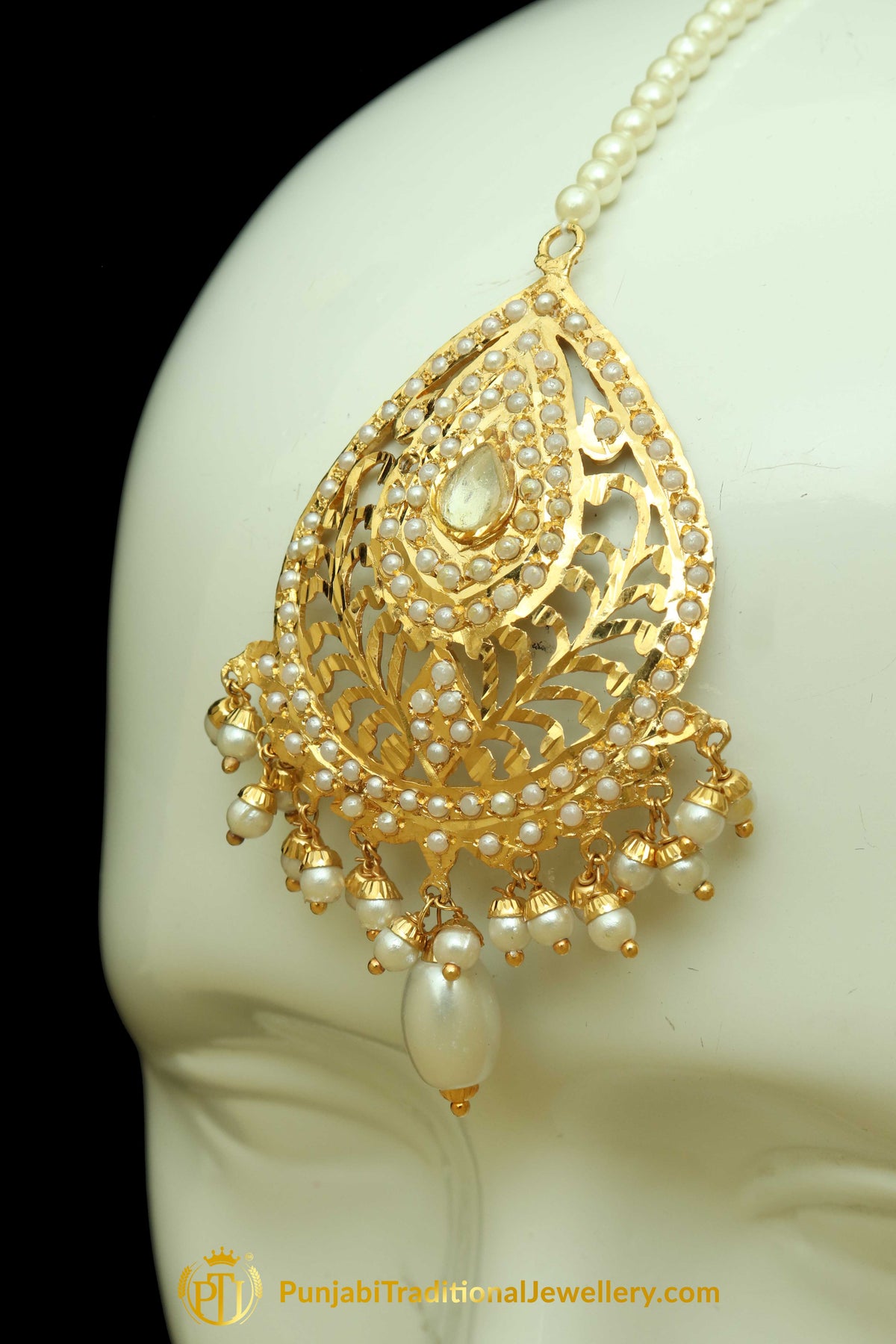 Golden Jadau/kundan Pearl Earring Tikka Set By Punjabi Traditional Jewellery