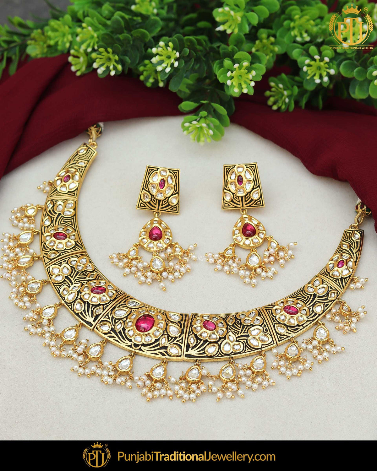 Hand Painted Meena Rubby Kundan Pearl Necklace Set | Punjabi Traditional Jewellery Exclusive