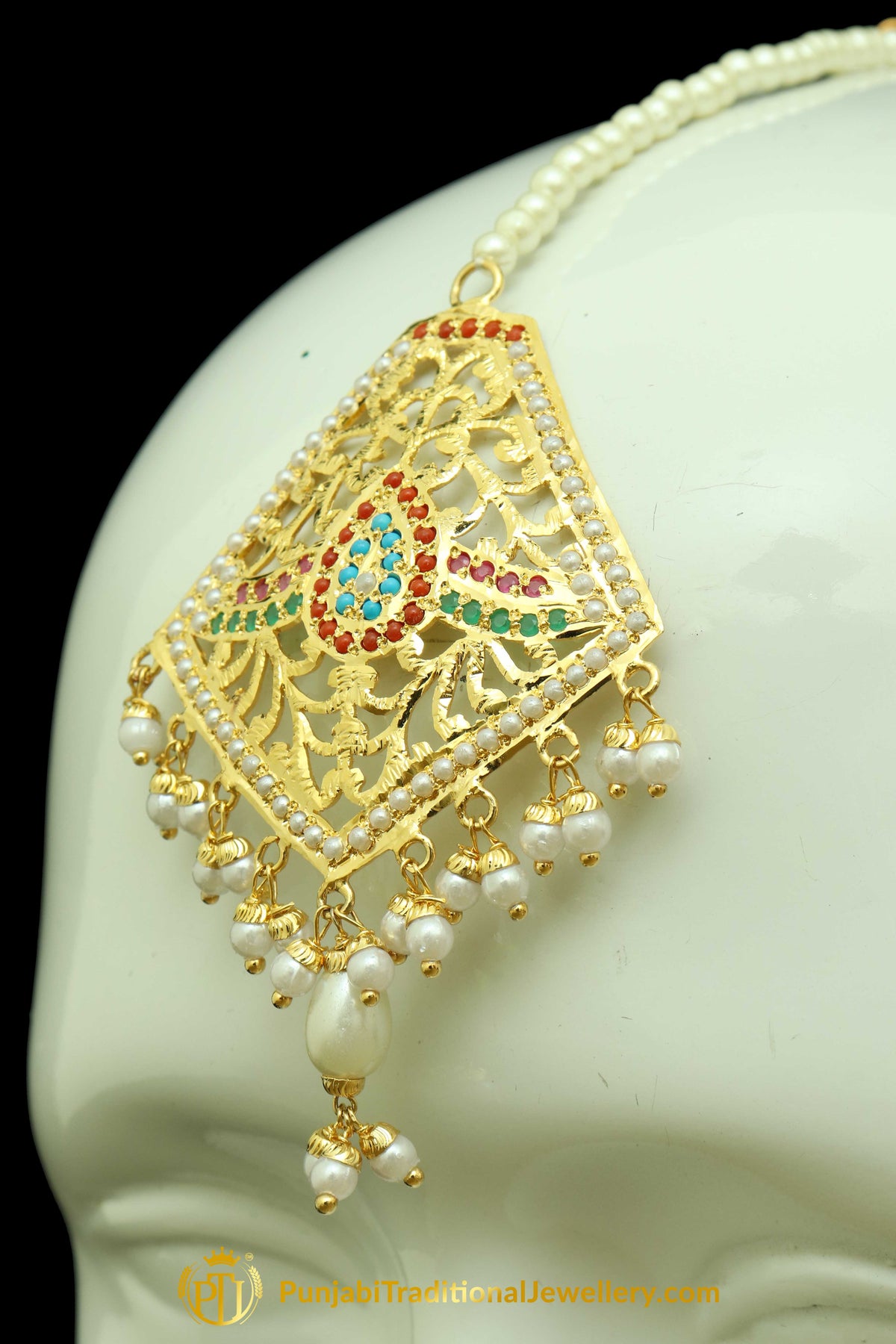 Gold Finished Navratan Jadau Earring Tikka Set By Punjabi Traditional Jewellery