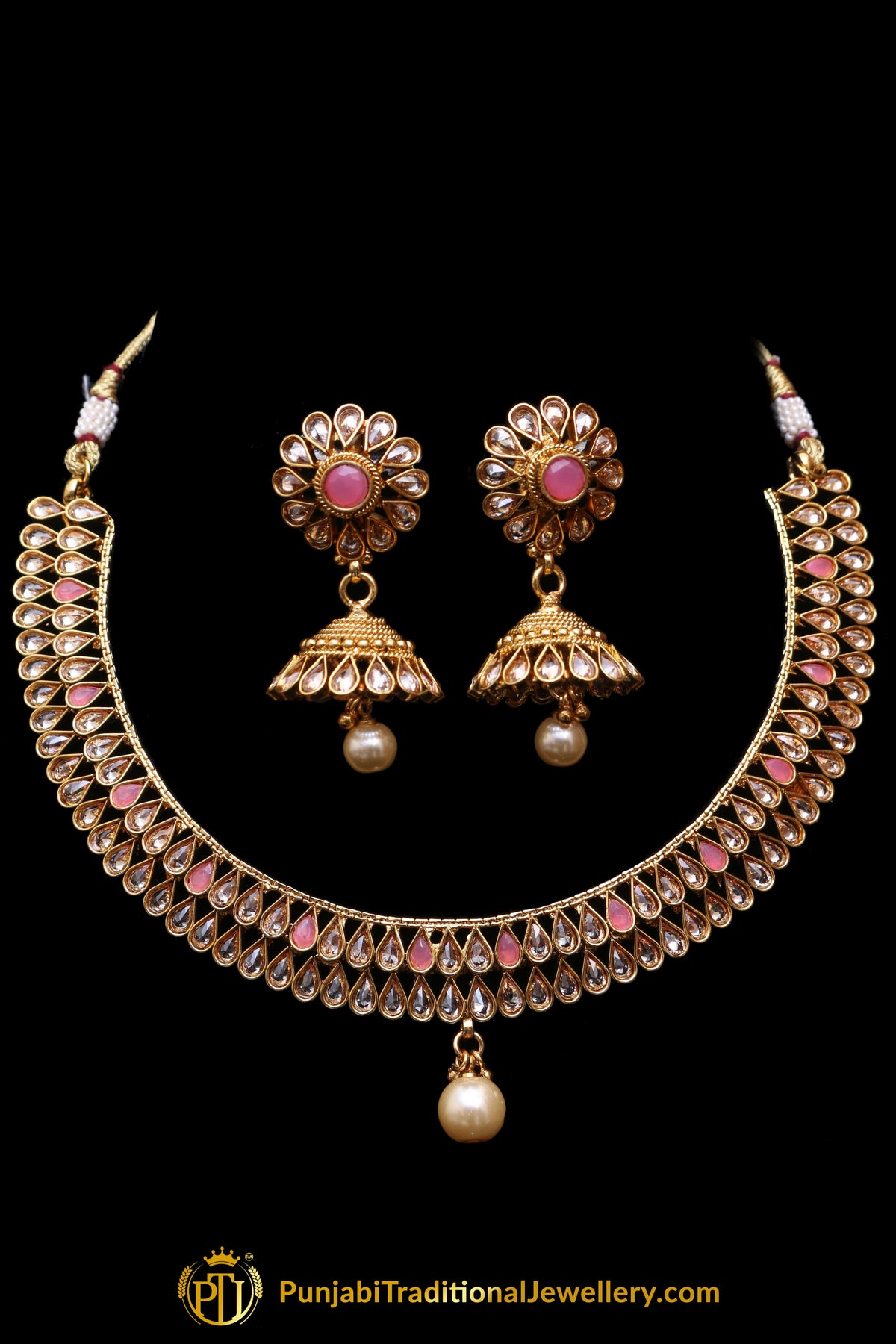 Pink Polki Necklace Set By Punjabi Traditional Jewellery