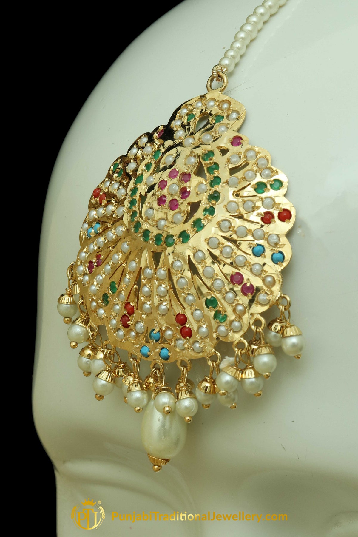 Multi Jadau Pearl Earring Tikka Set By Punjabi Traditional Jewellery