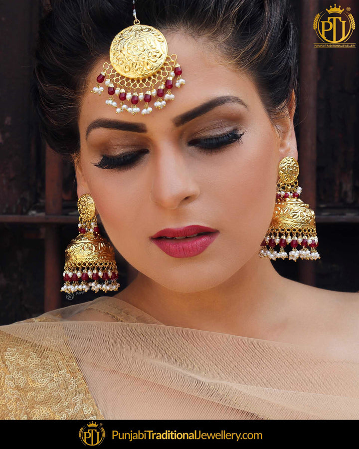 Karishma Rubby Patra Pearl Jhumki Earrings & Tikka Set | Punjabi Traditional Jewellery Exclusive