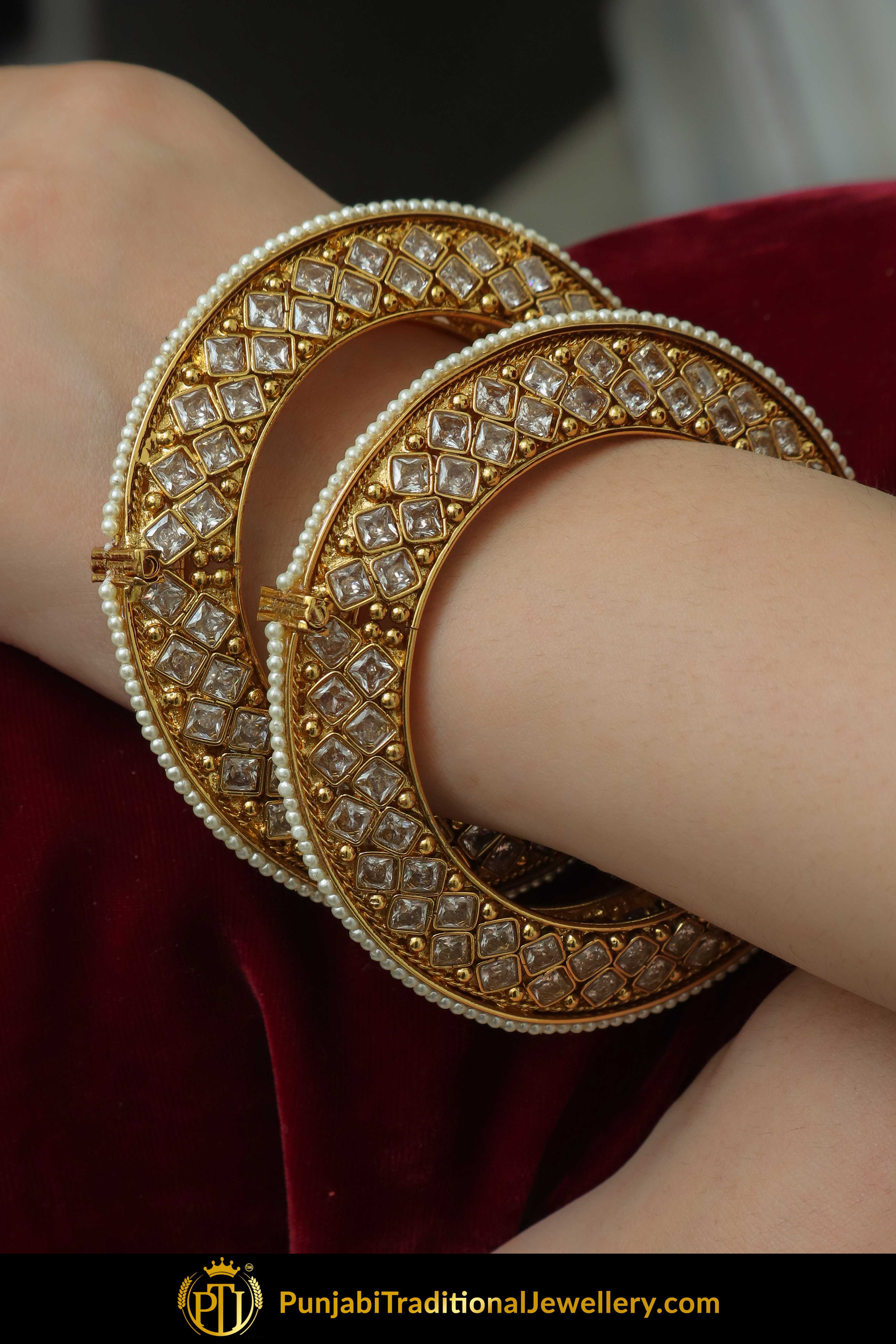 Feerozah Gold Finished Polki Openable Karra Bangles (Pair) | Punjabi Traditional Jewellery Exclusive