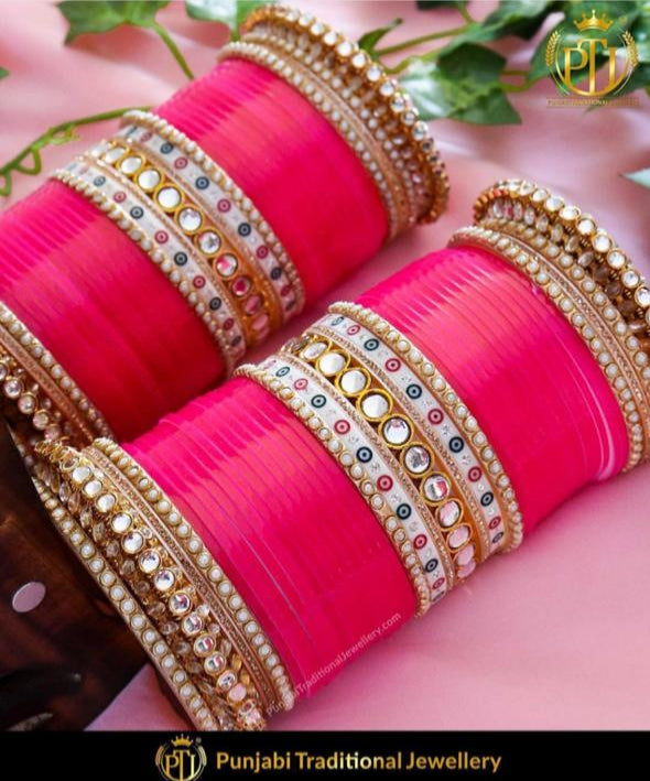Dotted Rani Color Pearl Kundan Bridal Chura | Punjabi Traditional Jewellery Exclusive