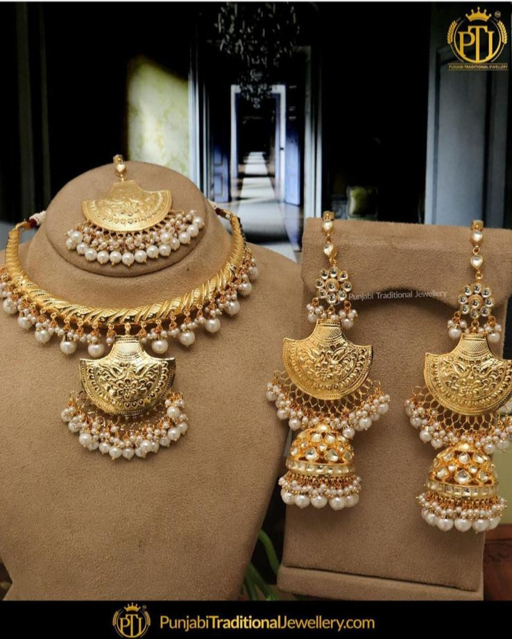 Pearl Hasli Necklace, Tikka & Earrings | Punjabi Traditional Jewellery Exclusive