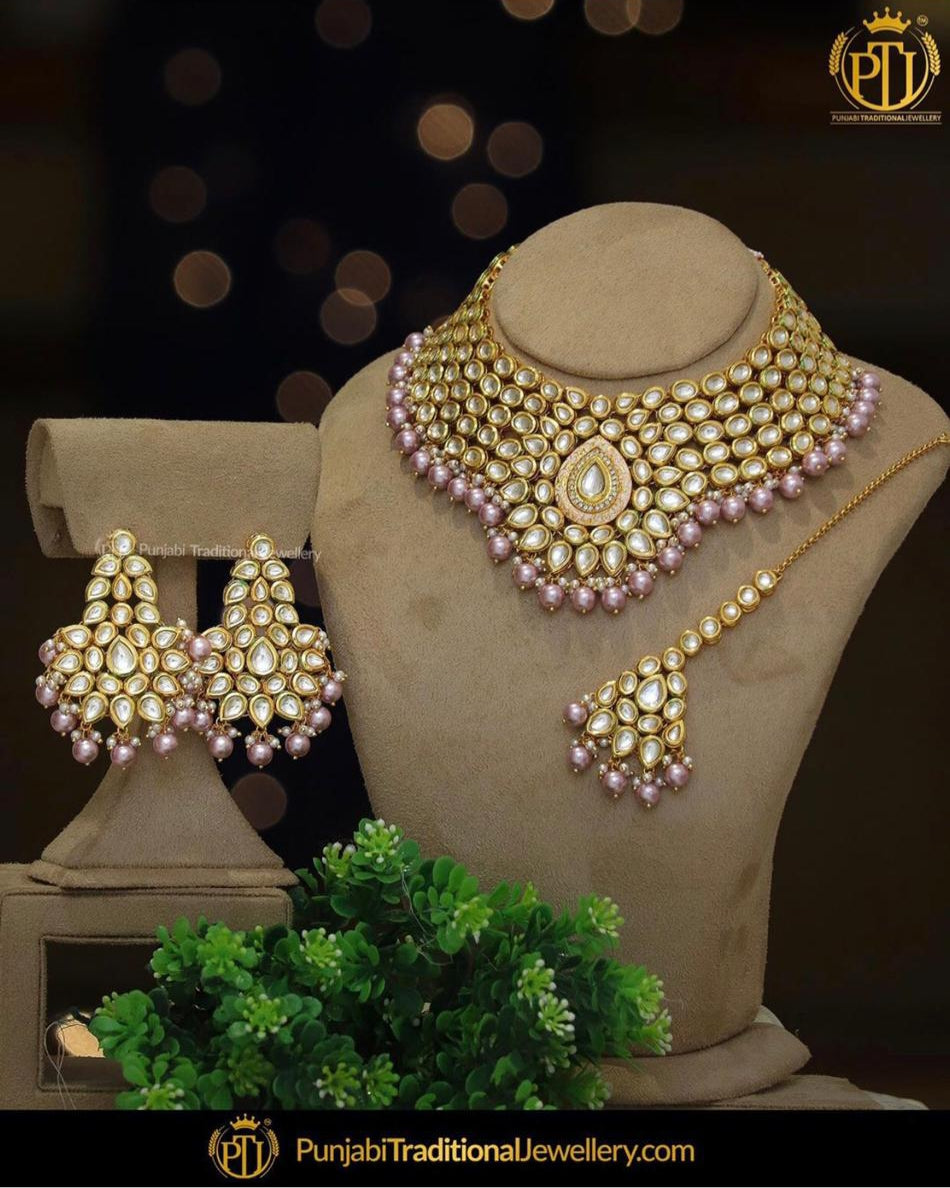 Kundan Metallic Pink Pearl Necklace & Earrings | Punjabi Traditional Jewellery Exclusive