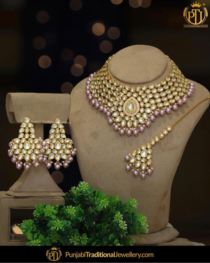 Kundan Metallic Pink Pearl Necklace & Earrings | Punjabi Traditional Jewellery Exclusive