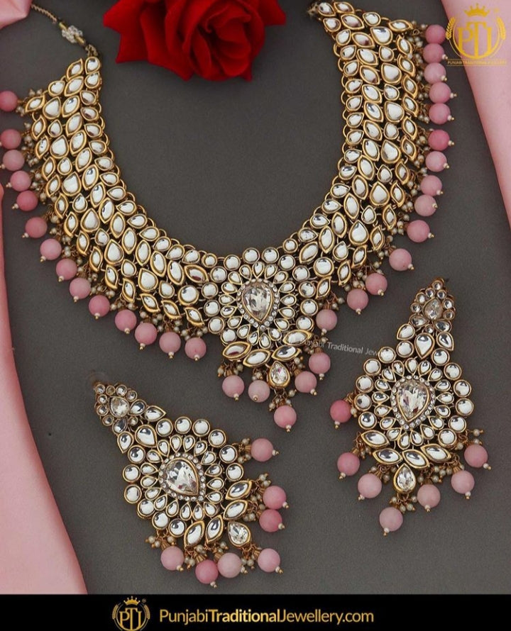 Gold Finished Pink Kundan Pearl Necklace Set | Punjabi Traditional Jewellery Exclusive