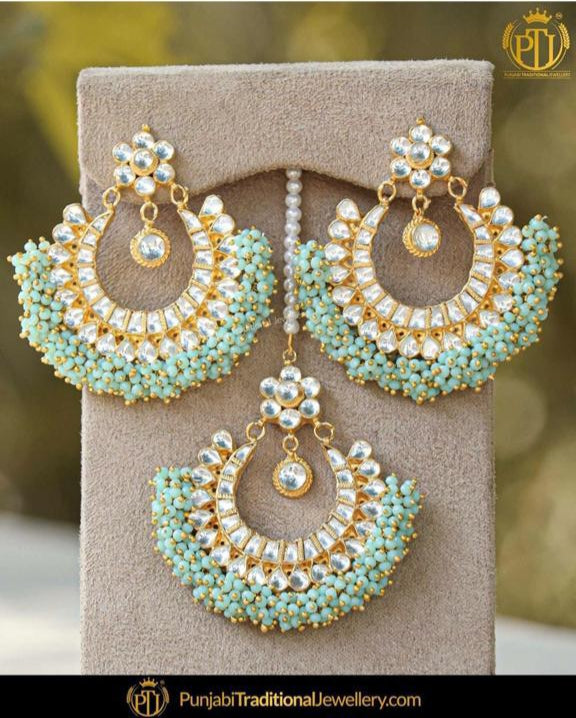 Firozi Kundan Pearl Earring Tikka Set By Punjabi Traditional Jewellery