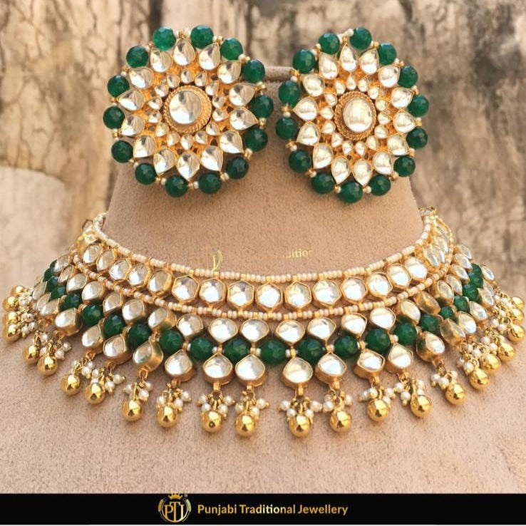 Kundan Emerald Pearl Necklace & stud Earring  | Punjabi Traditional Jewellery Exclusive