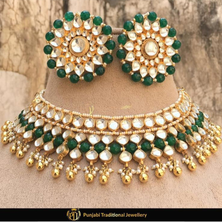 Kundan Emerald Pearl Necklace & stud Earring  | Punjabi Traditional Jewellery Exclusive