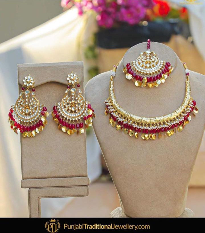 Gold Finished Rubby Pippal Patti Hasli Necklace & kundan Earrings | Punjabi Traditional Jewellery Exclusive