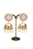 Gold Finished Kundan Pink Jhumki Earrings by PTJ