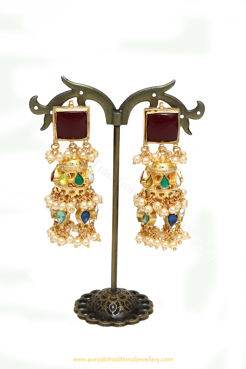 Gold Finished Kundan Navratan Jhumki Earrings by PTJ