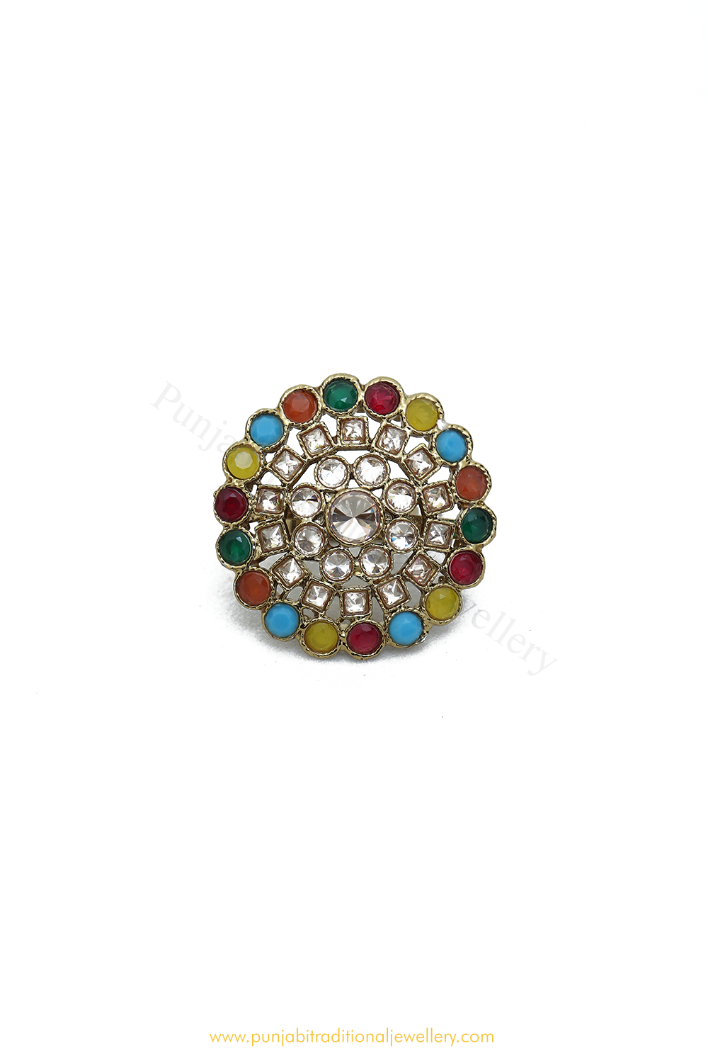Gold Finished Navratan Kundan Ring By PTJ