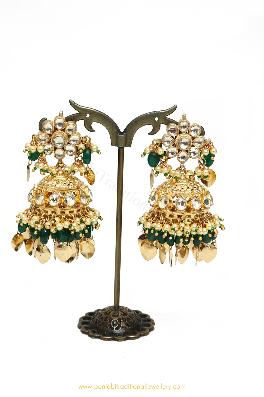 Gold Finished Kundan Emerald Jhumki Earrings by PTJ