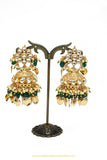 Gold Finished Kundan Emerald Jhumki Earrings by PTJ