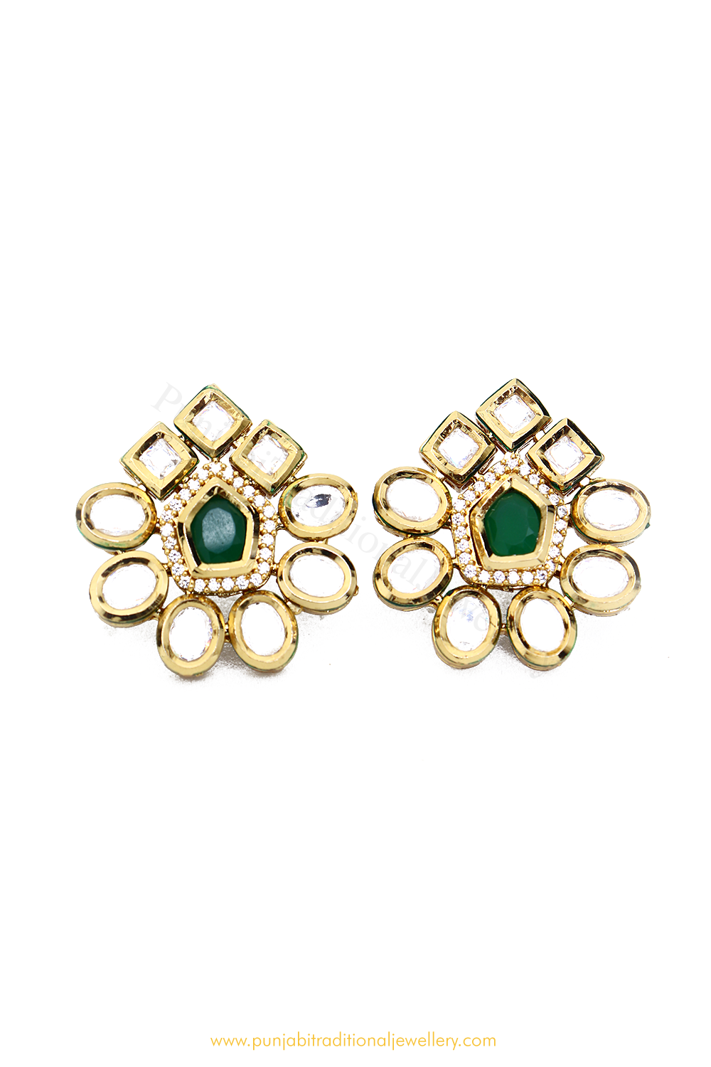 Gold Finished Emerald Kundan Studs By PTJ