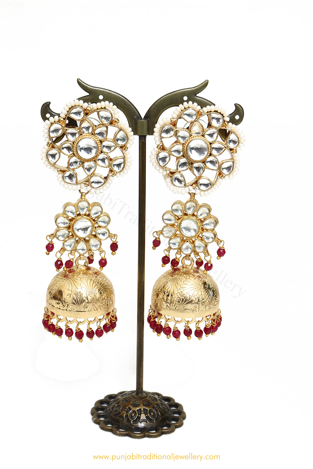 Gold Finished Kundan Rubby Jhumki Earrings by PTJ